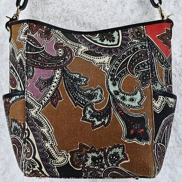 SPARTINA 449 Daufuskie Island Paisley Print Linen Black Leather Shoulder Bag - Picture 3 of 16